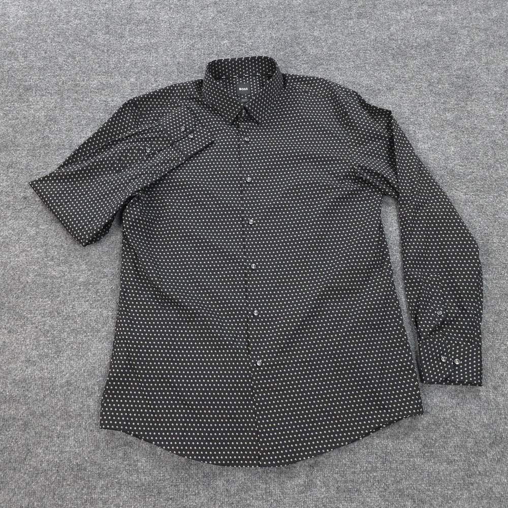 Boss Shirt Mens XL 17.5 34/35 Black Hank Kent Slim Fit Stretch Polka Dot Dress - Picture 2 of 13